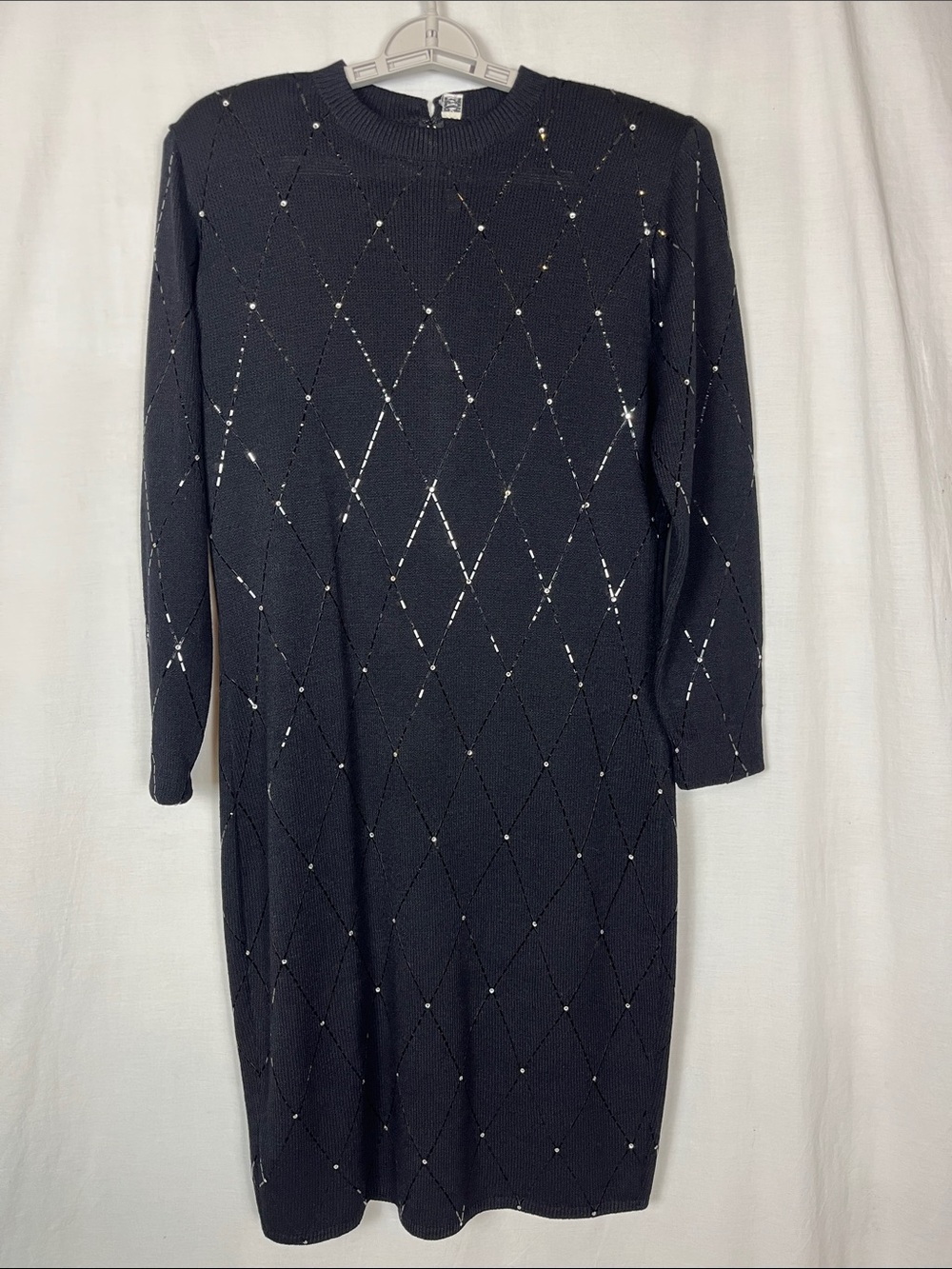 Vintage 80s St. John by Marie Gray Knit Black Bedazzled Long Sleeve Midi Sweater